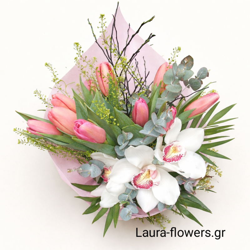 Μπουκέτο με ορχιδέες και τουλίπες.
Διαθέσιμο και σε άλλες αποχρώσεις.