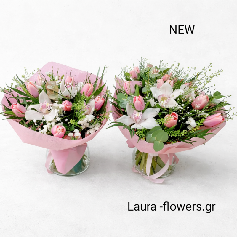 Μπουκέτο με ορχιδέες και τουλίπες.